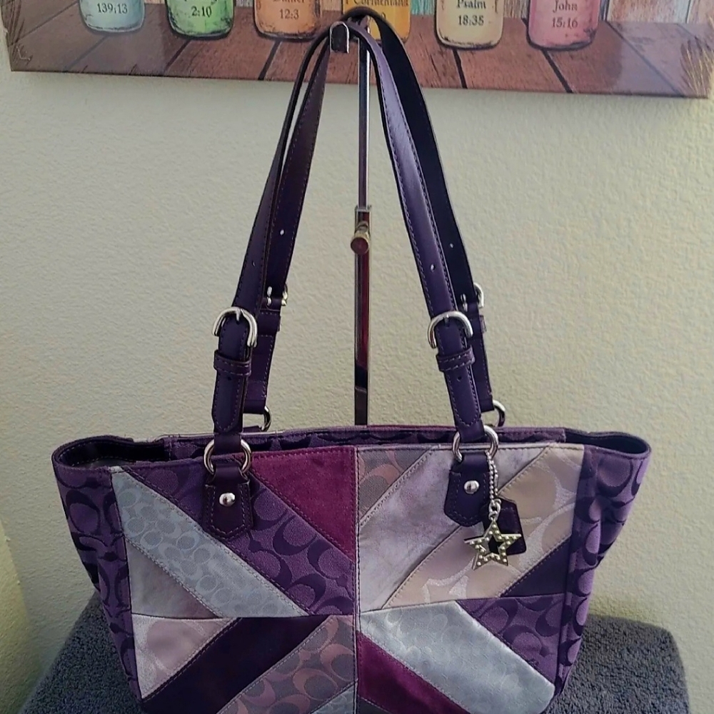 NWT Coach F17614 Chevron Purple Multicolor Suede Leather Tote Shoulder Bag $398